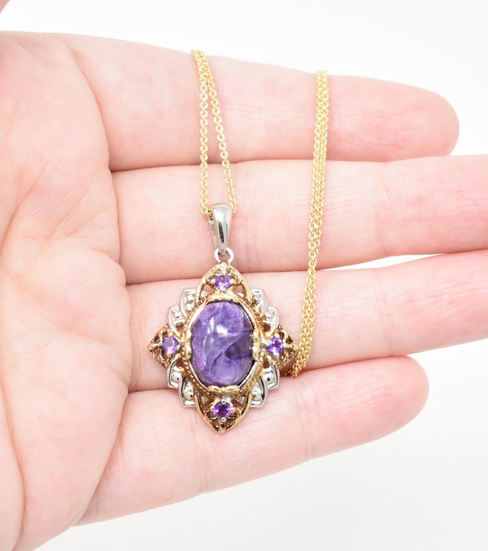 STS Silver 925 2-Tone Charoite & Amethyst Pendant Gold-P Chain Choker Necklace