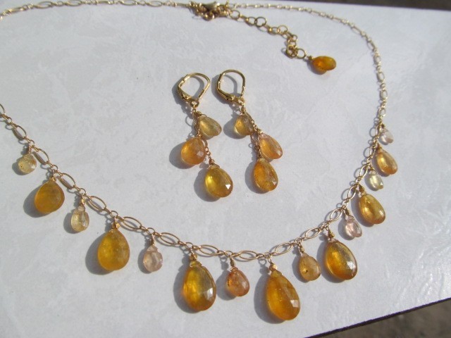 Sri Lanka Golden SAPPHIRE faceted briolette beads 14k Gold Filled Necklace set