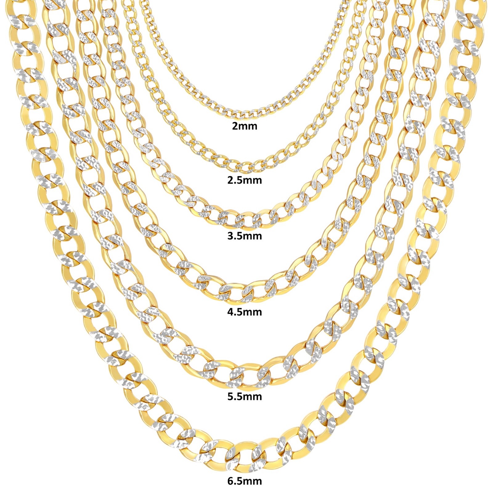 10K Yellow Gold 2mm-7.5mm Diamond Cut White Pave Cuban Chain Necklace 16″- 30″