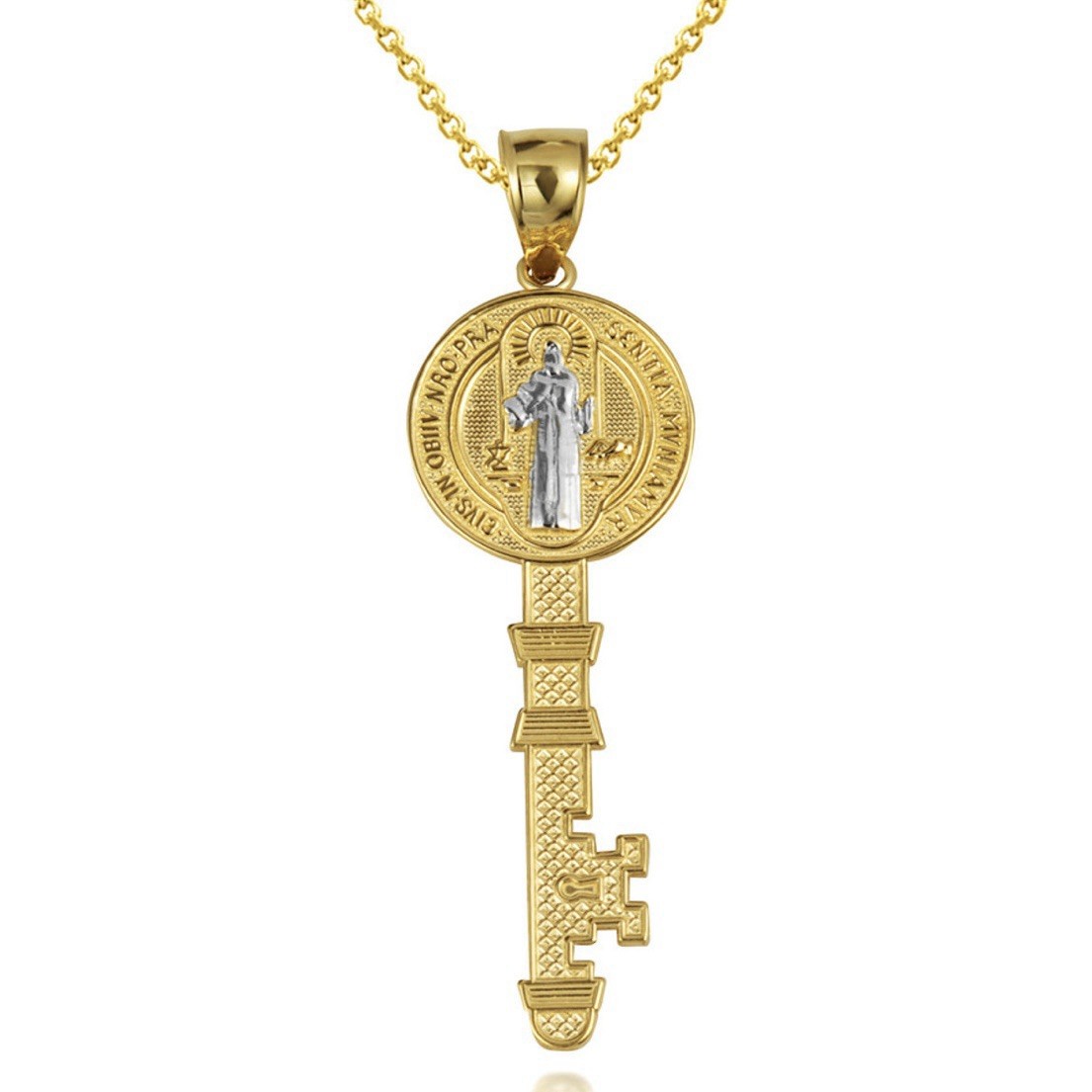 14k Yellow And White Gold Saint Benedict Medal Key Reversible Pendant REAL GOLD