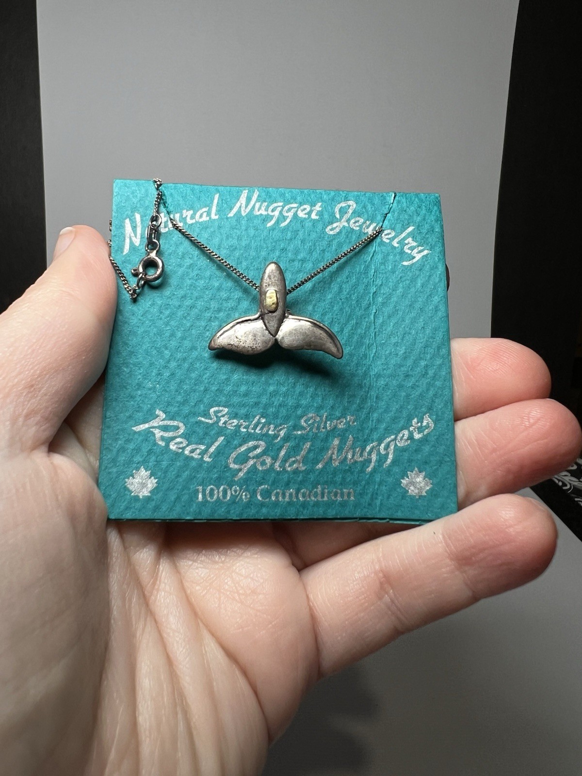 Sterling Silver Whale Tail Pendant With Gold Nugget Accent On Original Card