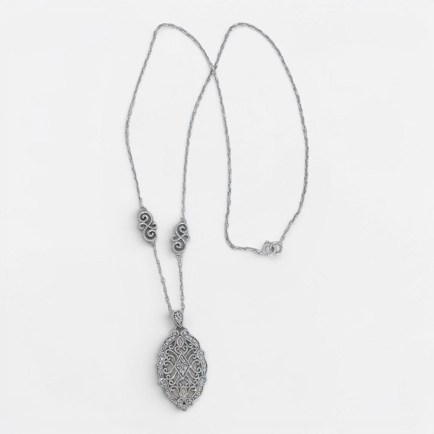 Vintage 925 Sterling Silver Victorian Style Filigree Pendant Necklace Marcasite