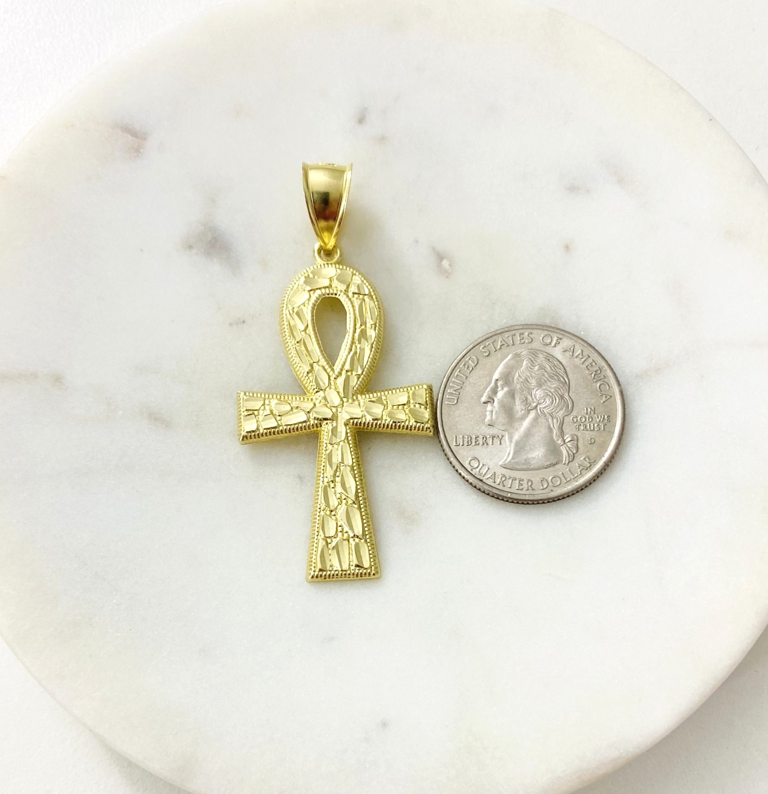 Solid 10K Yellow Gold 2.1″ Ankh Cross Pendant Nugget Egyptian Charm – G87-3