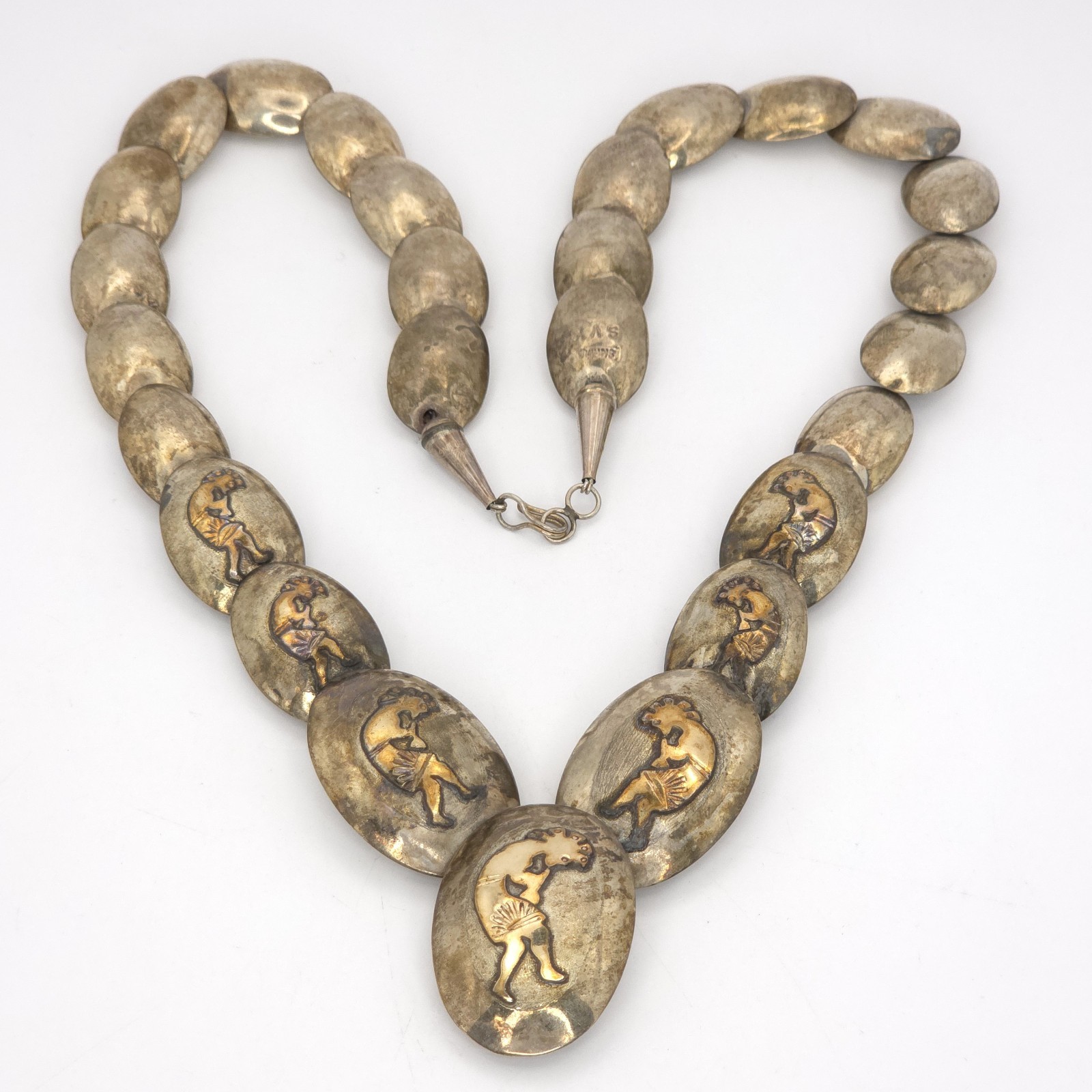 NA 925 Silver Native American Pillow Bead Necklace Kokopelli Signed SVY 23.5″