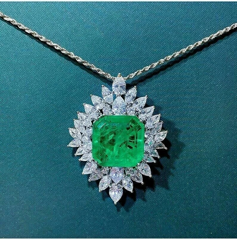 3Ct Asscher Lab Created Emerald Diamond Cluster Pendant 14K White Gold Plated