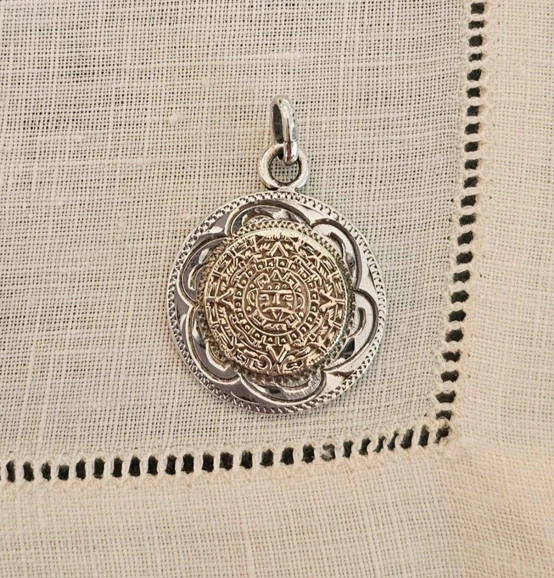 Vintage Mexico Mixed Metal 10k Gold Sterling Silver Aztec Mayan Calendar Pendant