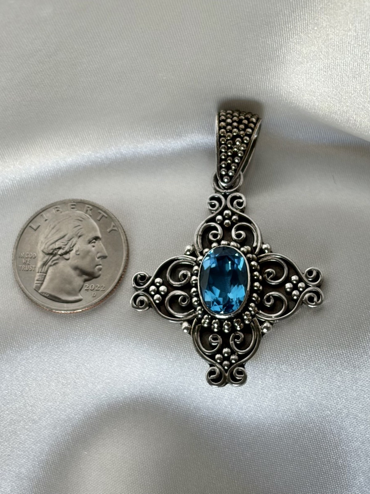 Bali Blue Topaz Cross Pendant 925 Sterling Silver Ornate Filigree Scrollwork