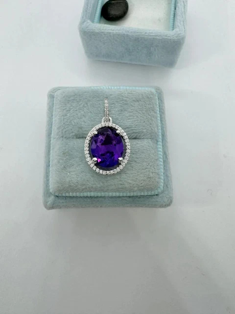 3.00 Ct Oval Cut Lab-Created Amethyst Halo Pendant 14K White Gold Plated Silver