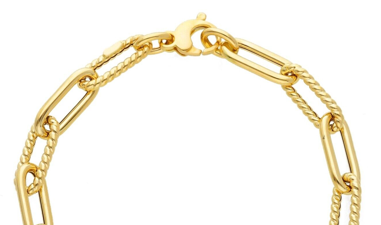 18K YELLOW GOLD NECKLACE PAPER CLIP 5x15mm ALTERNATE STRIPED SMOOTH OVALS, 18″