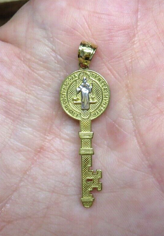 St BENEDICT 14K Yellow & White Gold Religious Key Pendant Charm