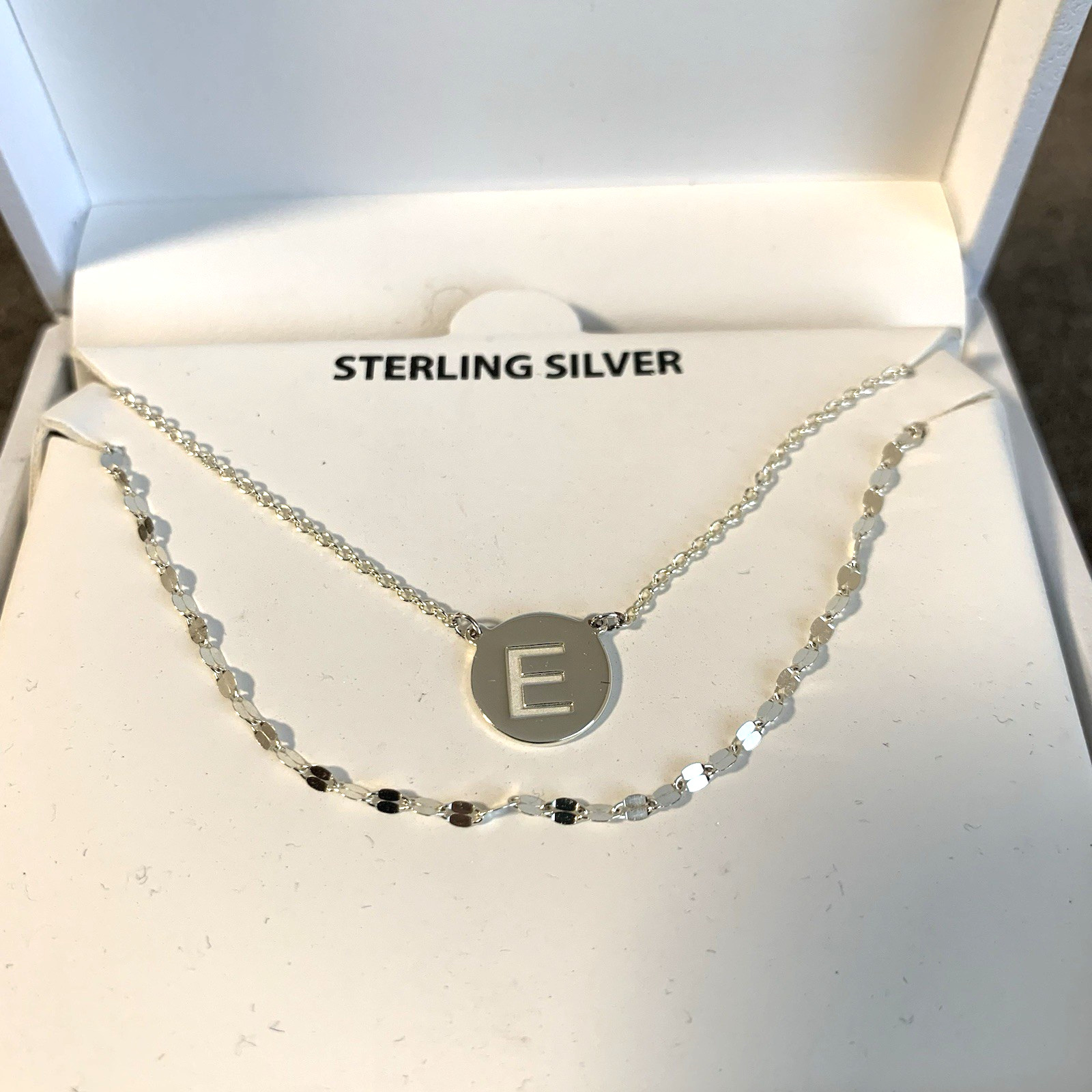 Sterling Silver 16″ Pendant Necklace Double Row “E” Initial Disc Layered