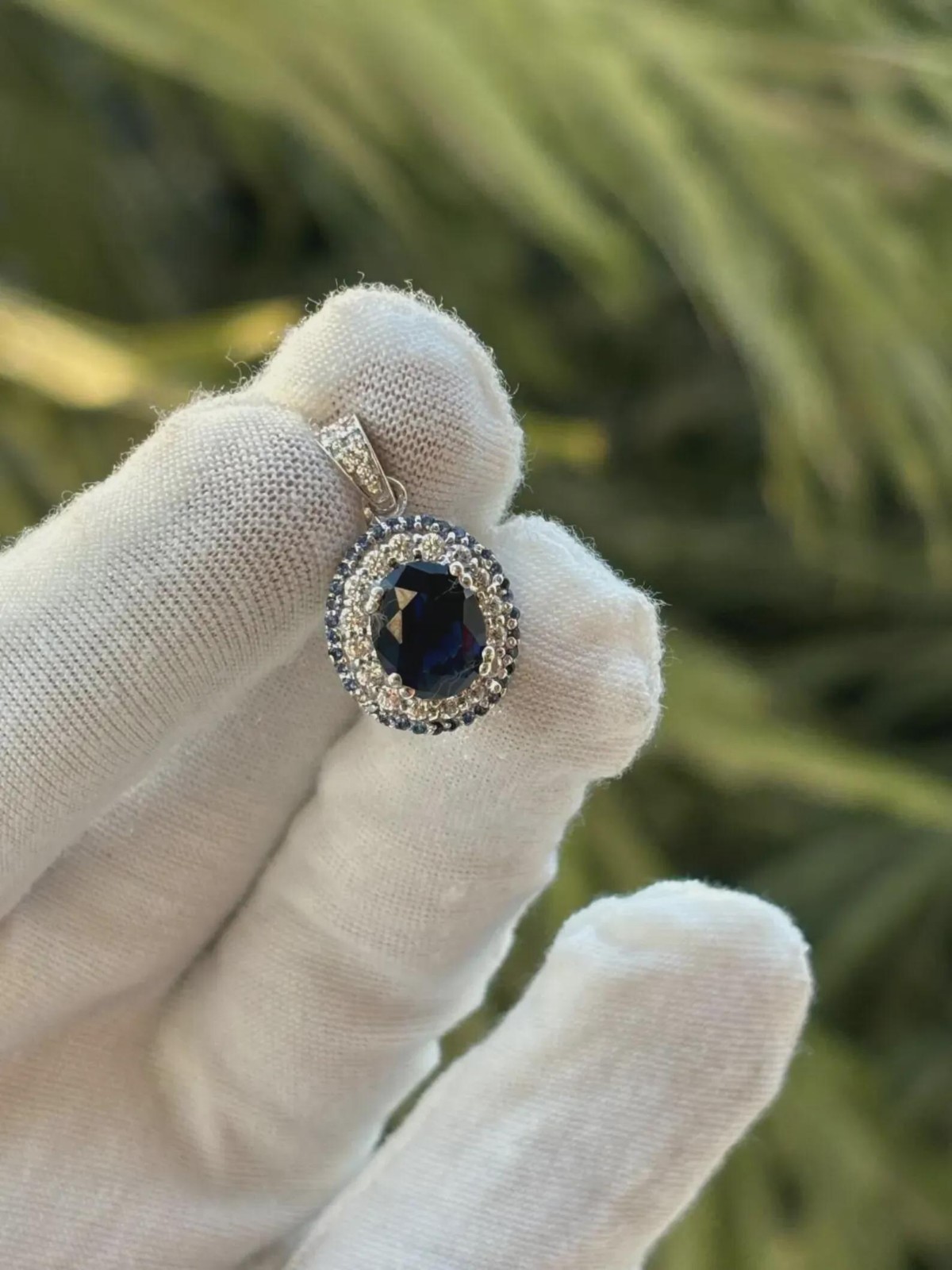2 Ct Lab Created Oval Cut Halo Blue Sapphire Women Pendant 14K White Gold Plated