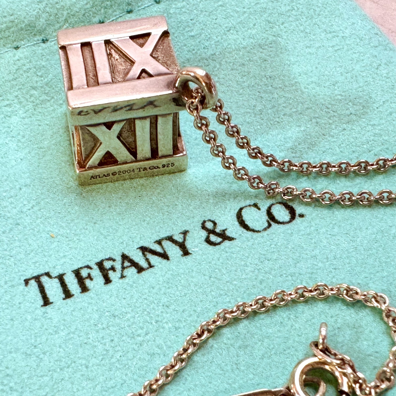 Tiffany & Co Atlas Cube Necklace Italy Sterling Silver Pendant Pouch 20g Rare