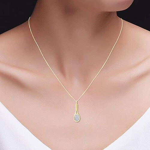 1/7ct Natural Round Diamond Tennis Racket Pendant 18″ Necklace Sterling Silver