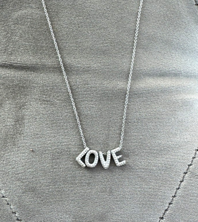 Diamond Necklace Pave’ LOVE Necklace 14K White Gold brand new adjustable length