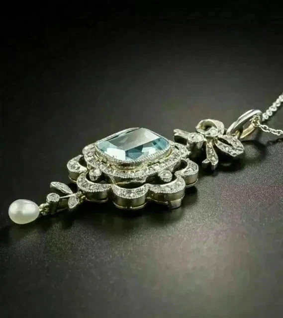 18″ Chain 3Ct Cushion Lab Created Aquamarine Halo Pendant 14K White Gold Plated