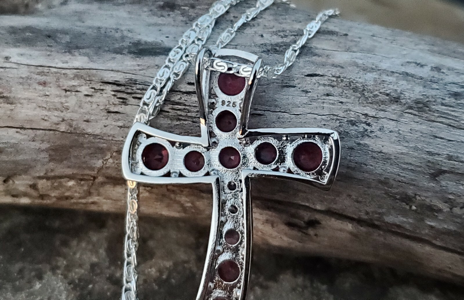 Sterling Silver 925 Raspberry Rhodolite Garnet Cross Pendant Chain Necklace NEW