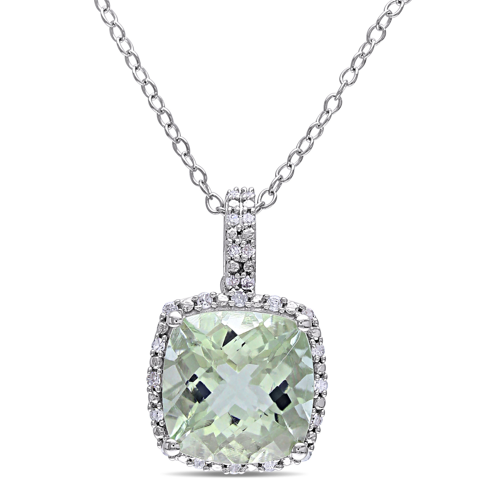 Amour Sterling Silver Green Quartz and 1/10CT TDW Diamond Halo Pendant, 18″