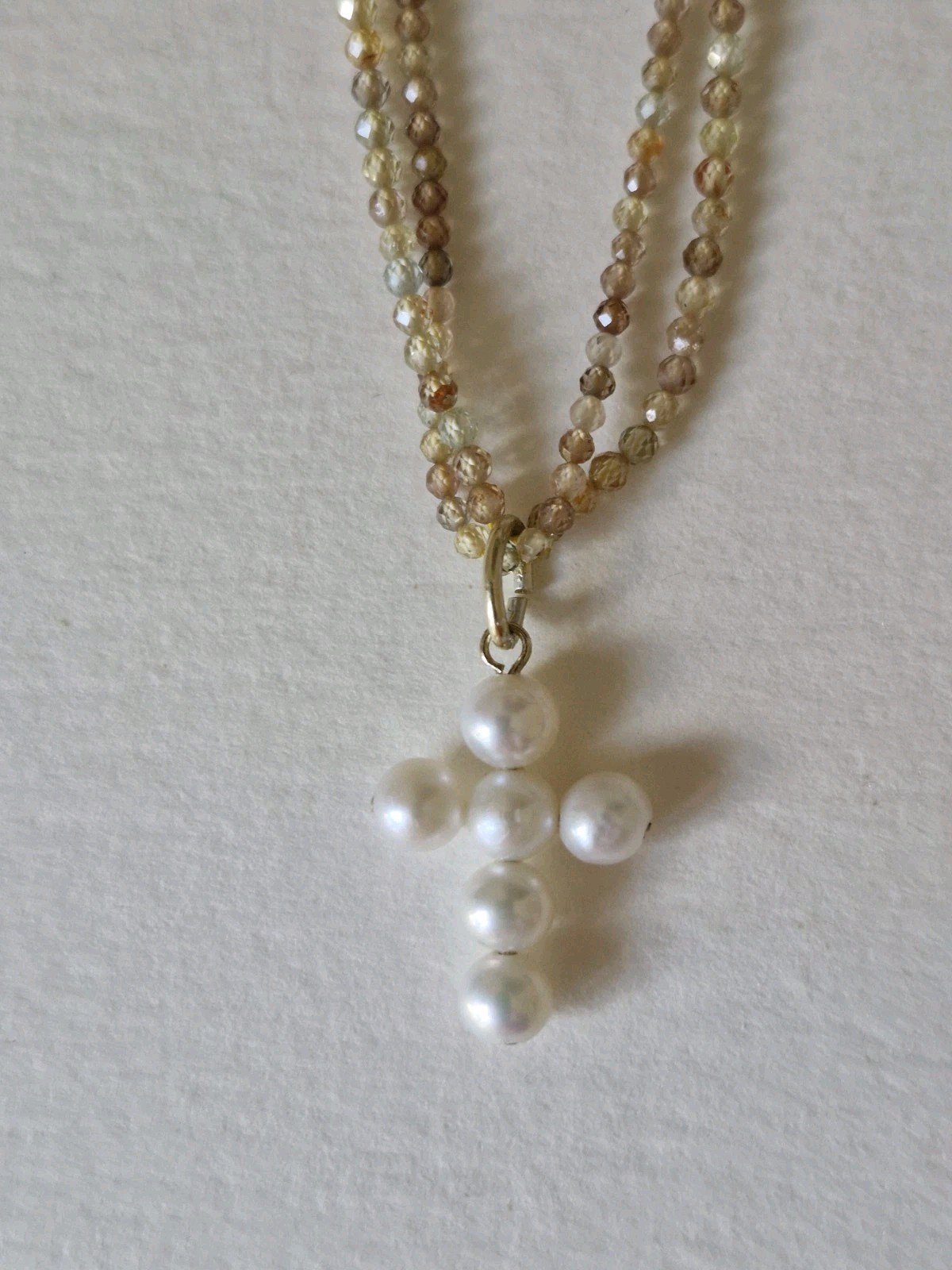 Natural ZIRCON Necklace 70cm With Akoya Pearls CROSS Removable.