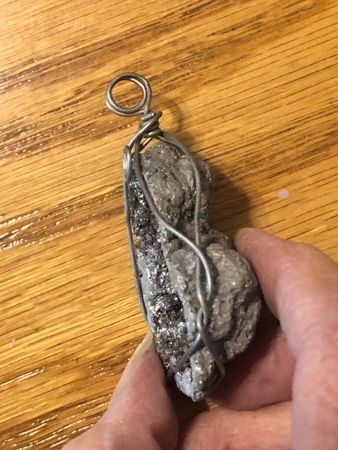 Titanium Raw Geode Silver Druzy Wrapped In Wire Pendant 2 1/4″ x 1 1/2″