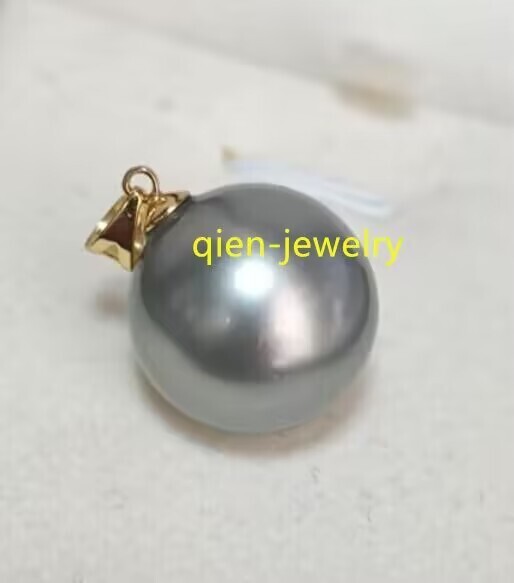 Huge AAAA16mm Perfect Round Gray Tahitian Shell Pearl Pendant 14k gold