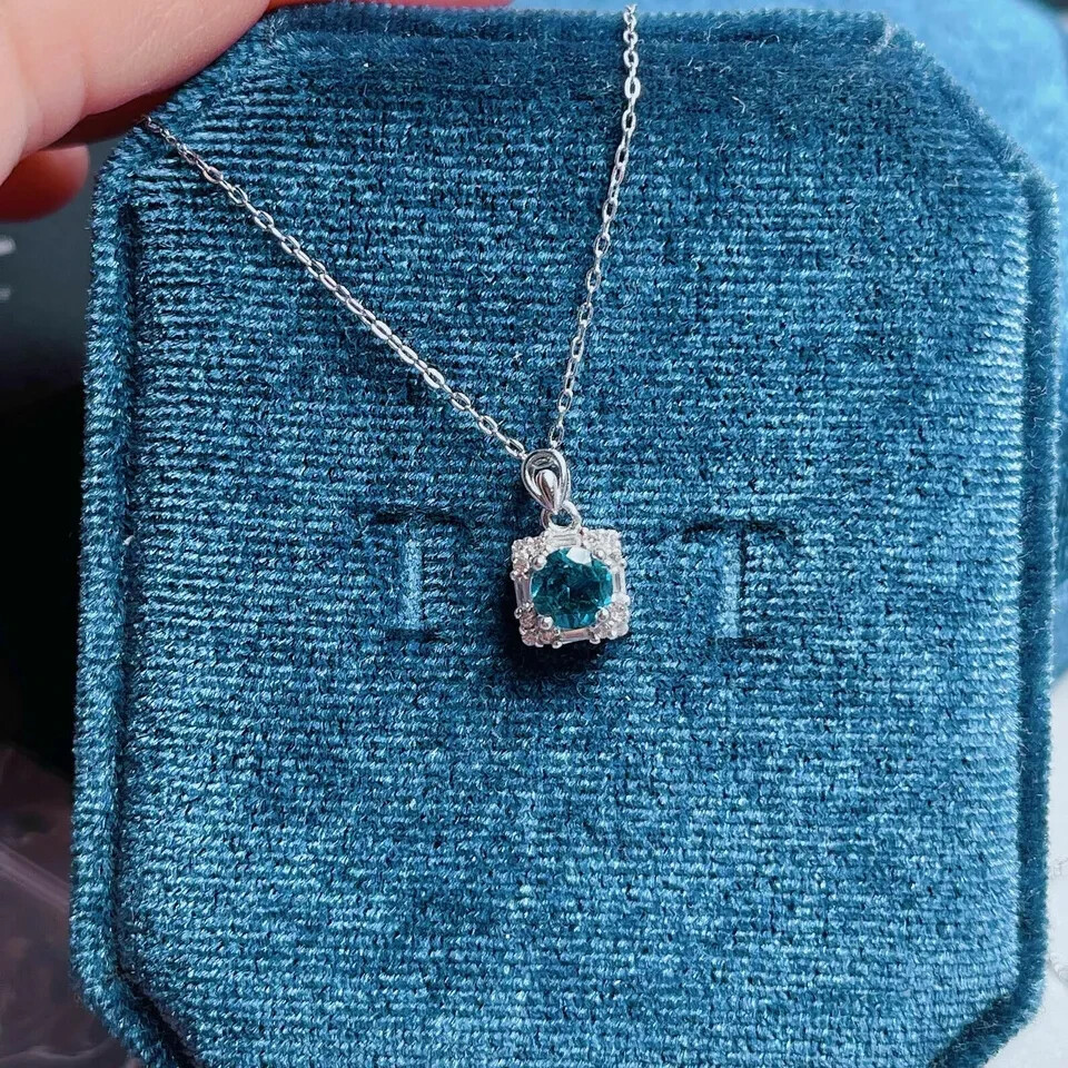 2Ct Round Cut Blue Topaz Halo Pendant Free Chain 14K White Gold Finish
