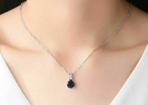2Ct Round Cut Blue Sapphire Solitaire Pendant 14K White Gold Finish Free Chain