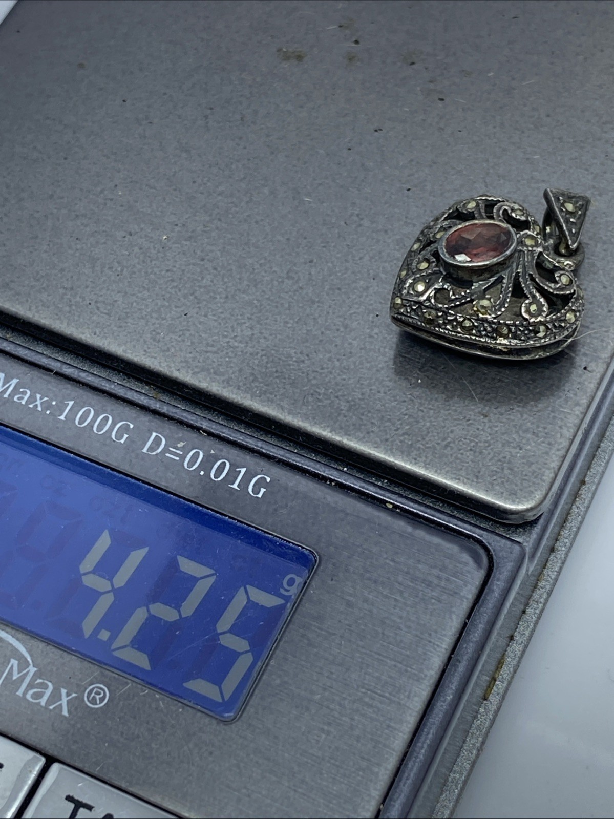 Sterling Silver Garnet And Marcasite Heart Locket Style Pendant