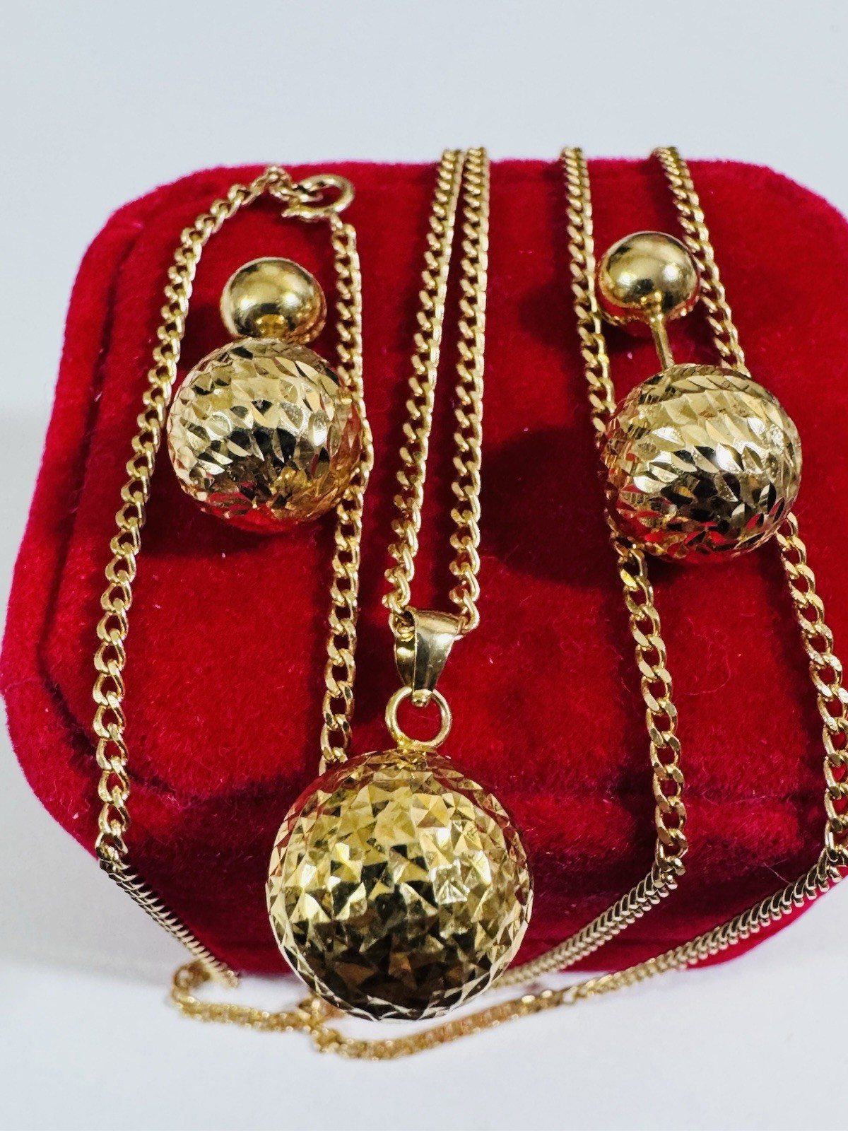 18K 750 Real Fine Gold Women’s Balls Earring & Necklace 23.5/24” long 10.4g 2mm
