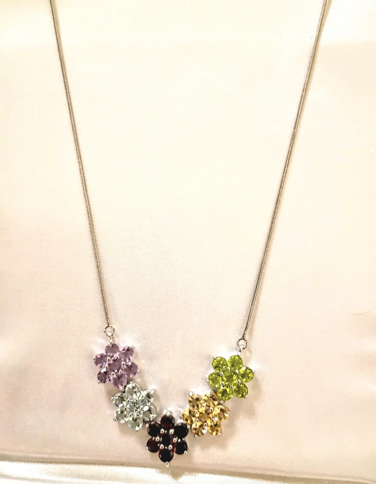Silver Genuine Gemstone 5 Multicolor Flower Clusters 18″ Snake Chain Necklace