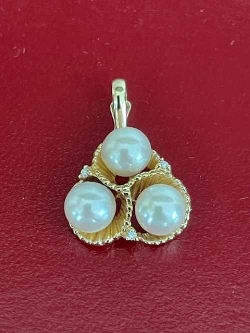 Estate 14k Chinese Three Pearl and Three Diamond Accent Enhancer Pendant 4.8