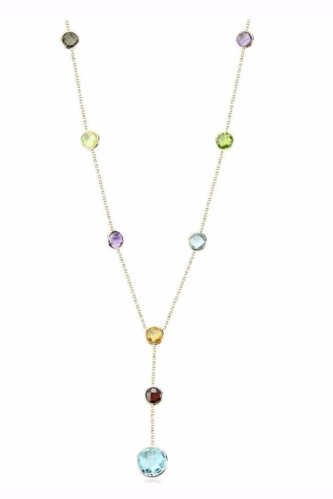 Yellow Gold 14k Fancy Cut Gemstones Lariet Necklace 20 Inches Lobster lock