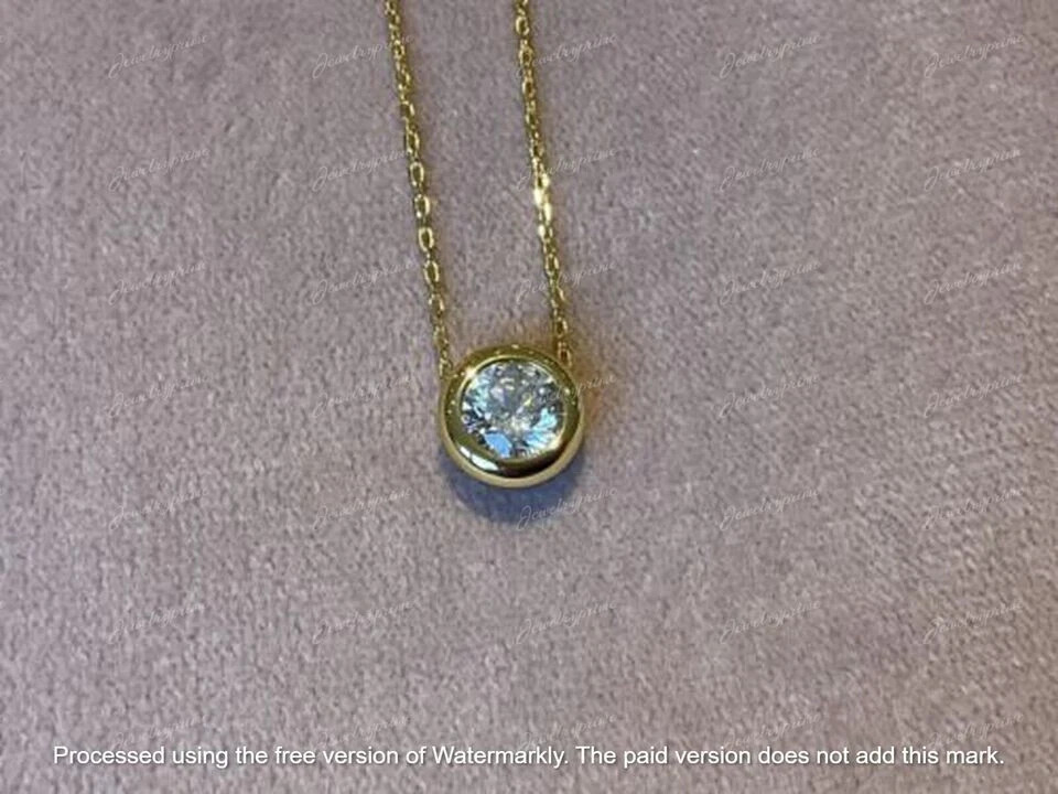 Real 10k Yellow Gold 2Ct Lab Created Moissanite Pendant Bezel Set Neckalce