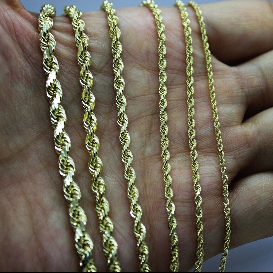 10K Yellow Solid Gold Rope Diamond Cut Chain necklace bracelet 1.5mm-5mm 7″-30″