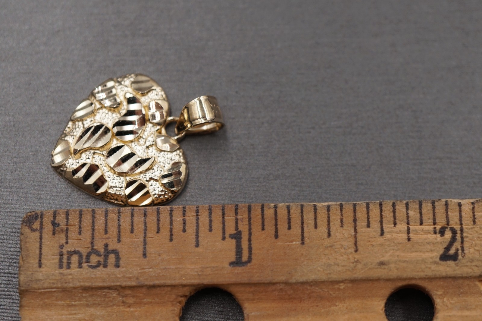 10K Solid Yellow Gold Diamond Cut Nugget Heart Charm Pendant. 3 Sizes