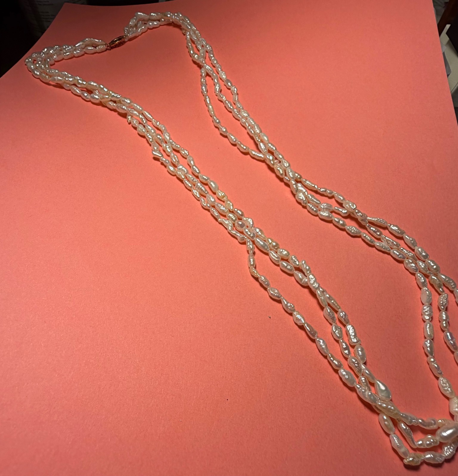 3 Strand Freshwater Pearls – 24″, IWI with 14K Clasp – Excellent Condition