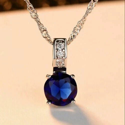 2Ct Round Cut Blue Sapphire Solitaire Pendant 14K White Gold Finish Free Chain