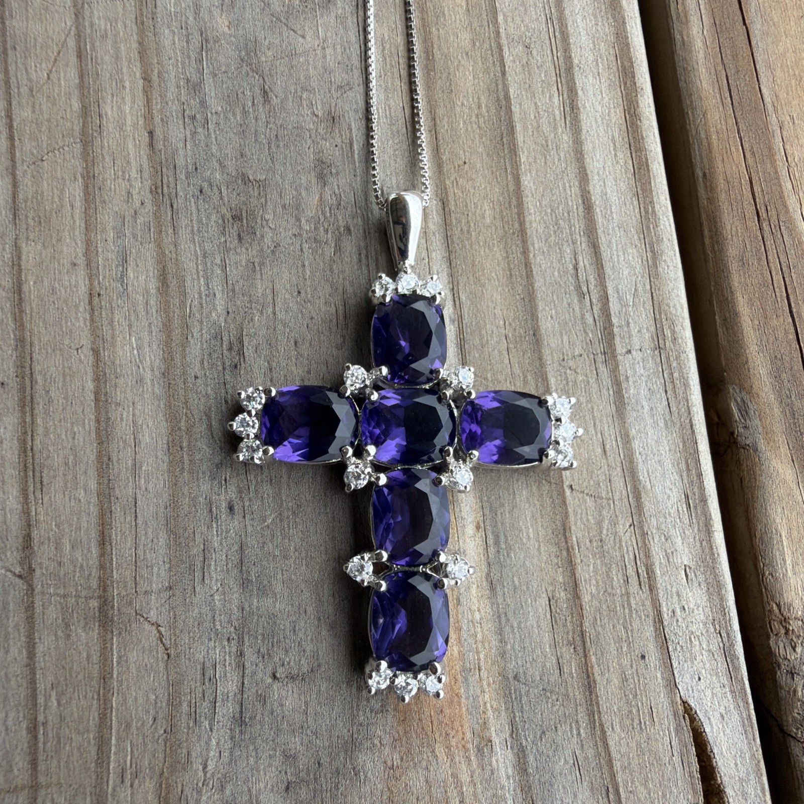 Amerthyst CZ Cross 2.25” Pendant Sterling Silver 925 Mount And 18” Chain 20g