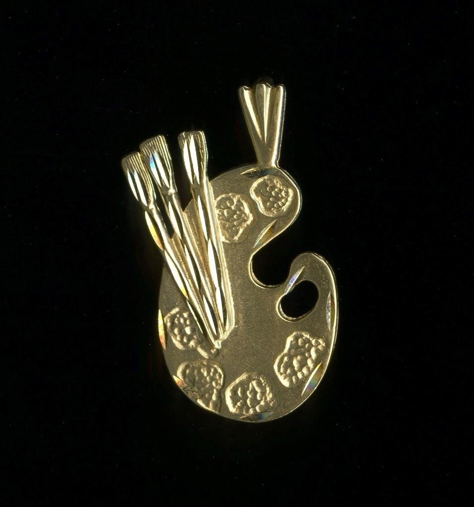 14K 1.95 Gram 26mm Solid Yellow Gold Painter Palette & Brush Paint Pendant *QK