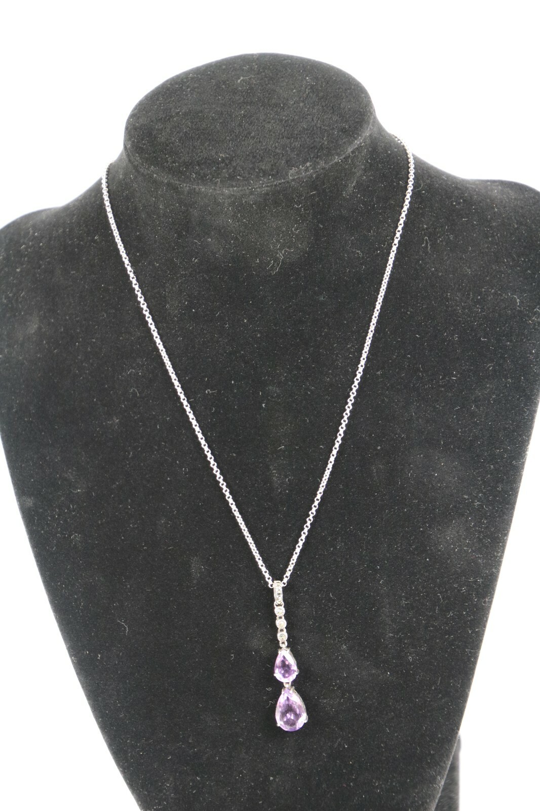 Two Pear Shaped Amethysts and Marcasite Sterling Silver Pendant Necklace 5 Grams