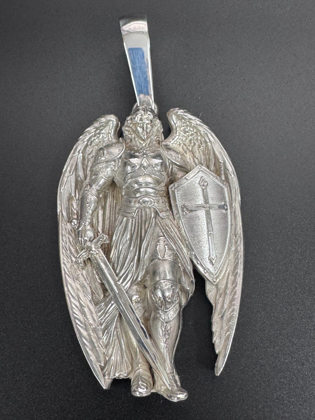 Saint Michael Warrior Angel 4″ Large Heavy Charm Pendant 108.5gm Silver .925