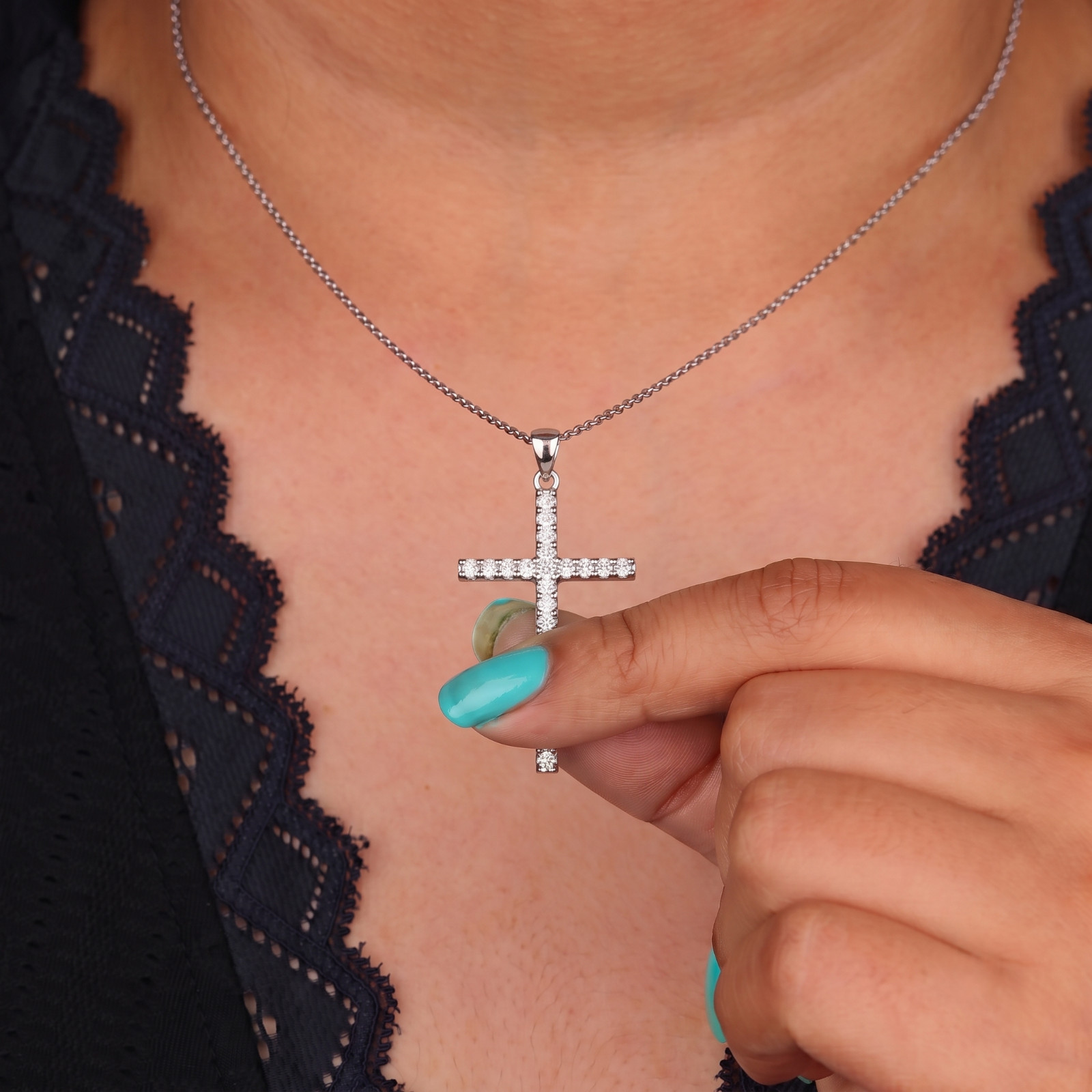 Round Cut Lab Grown Diamond 14K Gold Minimalist Cross Fine Pendant For Gift