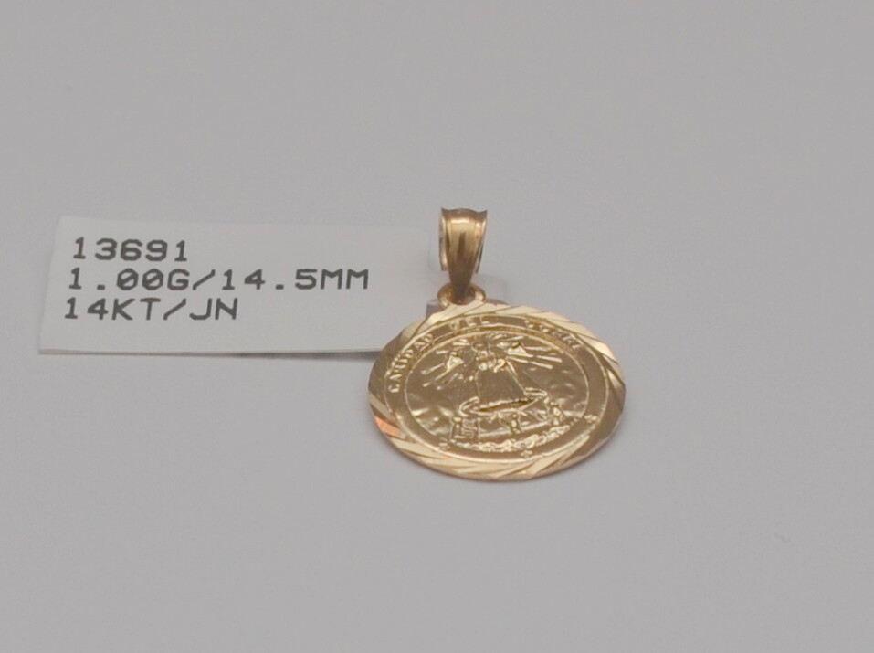 14k Yellow Gold Caridad Del Cobre Words On Round Charm Pendant 14.5 mm 1.2 gr Q1