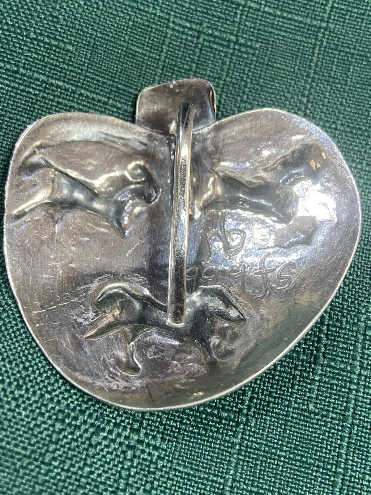 Vintage WILD HORSES Signed NB 999 Fine Silver PENDANT Unknown Artist HEART SHAPE