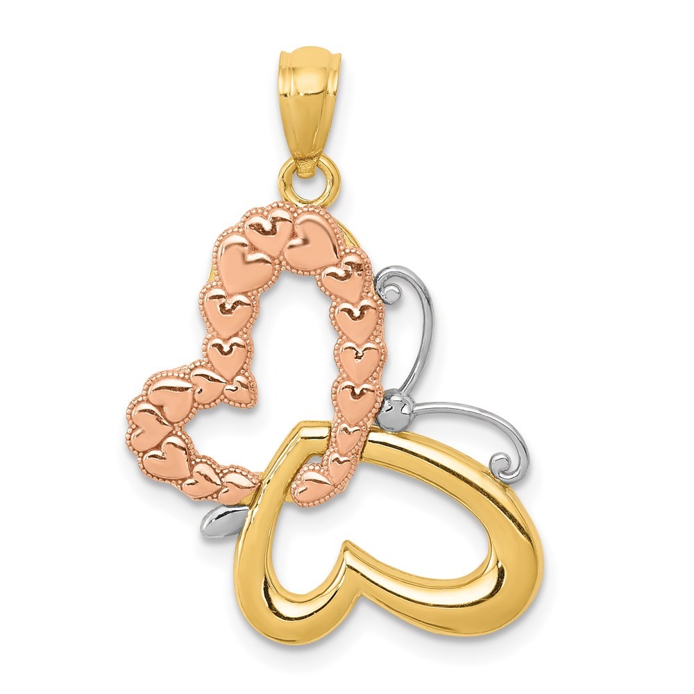 14k Two-tone Gold with White Rhodium Butterfly with Hearts Pendant L-23mm 1.53gm