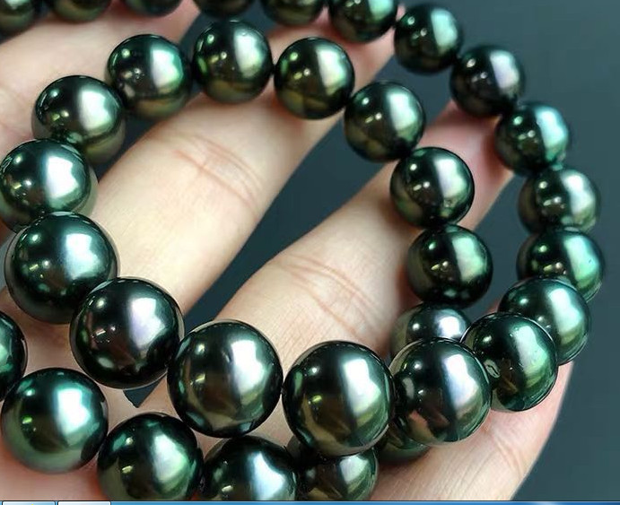 Charming 18″10-12MM south sea Tahitian genuine green round pearl necklace