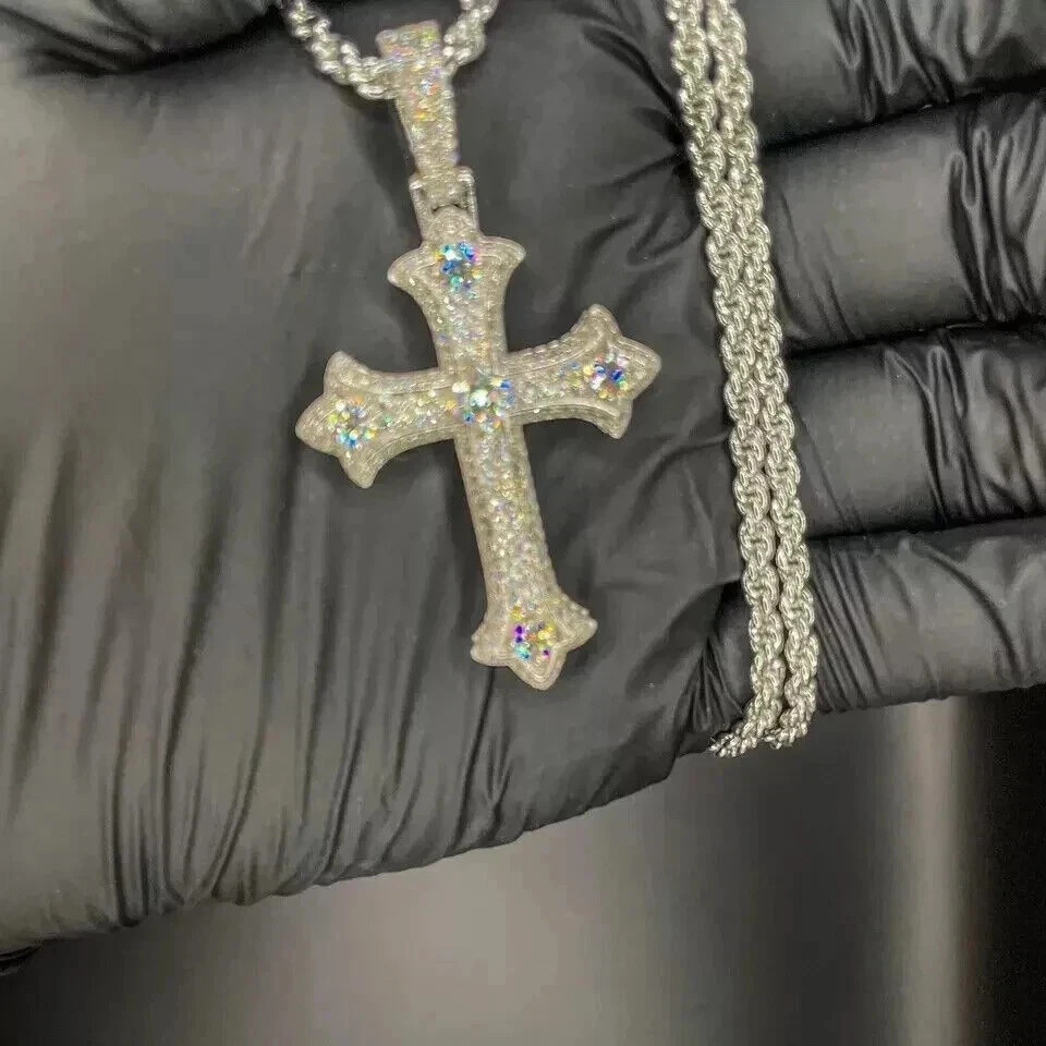 3Ct Round Cut Real Moissanite Cross Men’s Charm Pendant 14K White Gold plated