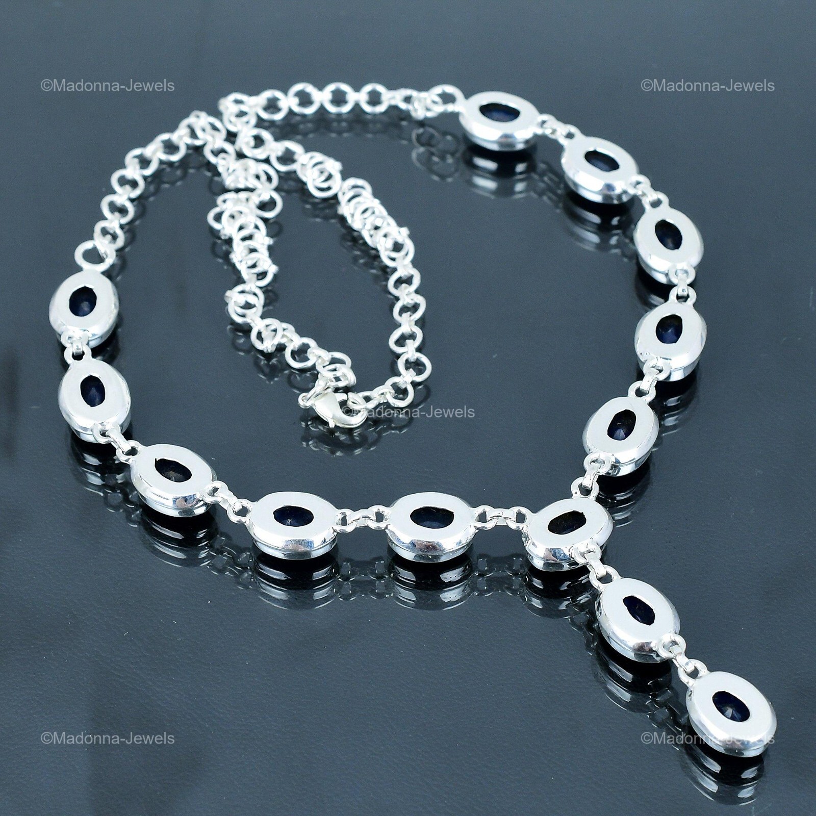 Womens day Deal Blue Saphire Gemstone Chain Necklace Jewelry 925 Sterling Silver