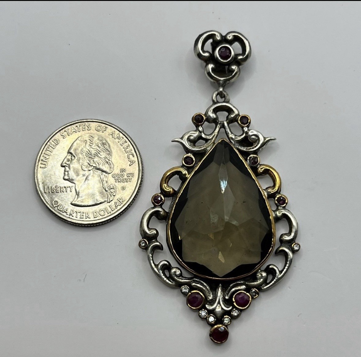DGS Turkey Large Smoky Topaz Crystal in Ornate Sterling & Gold Wash Pendant