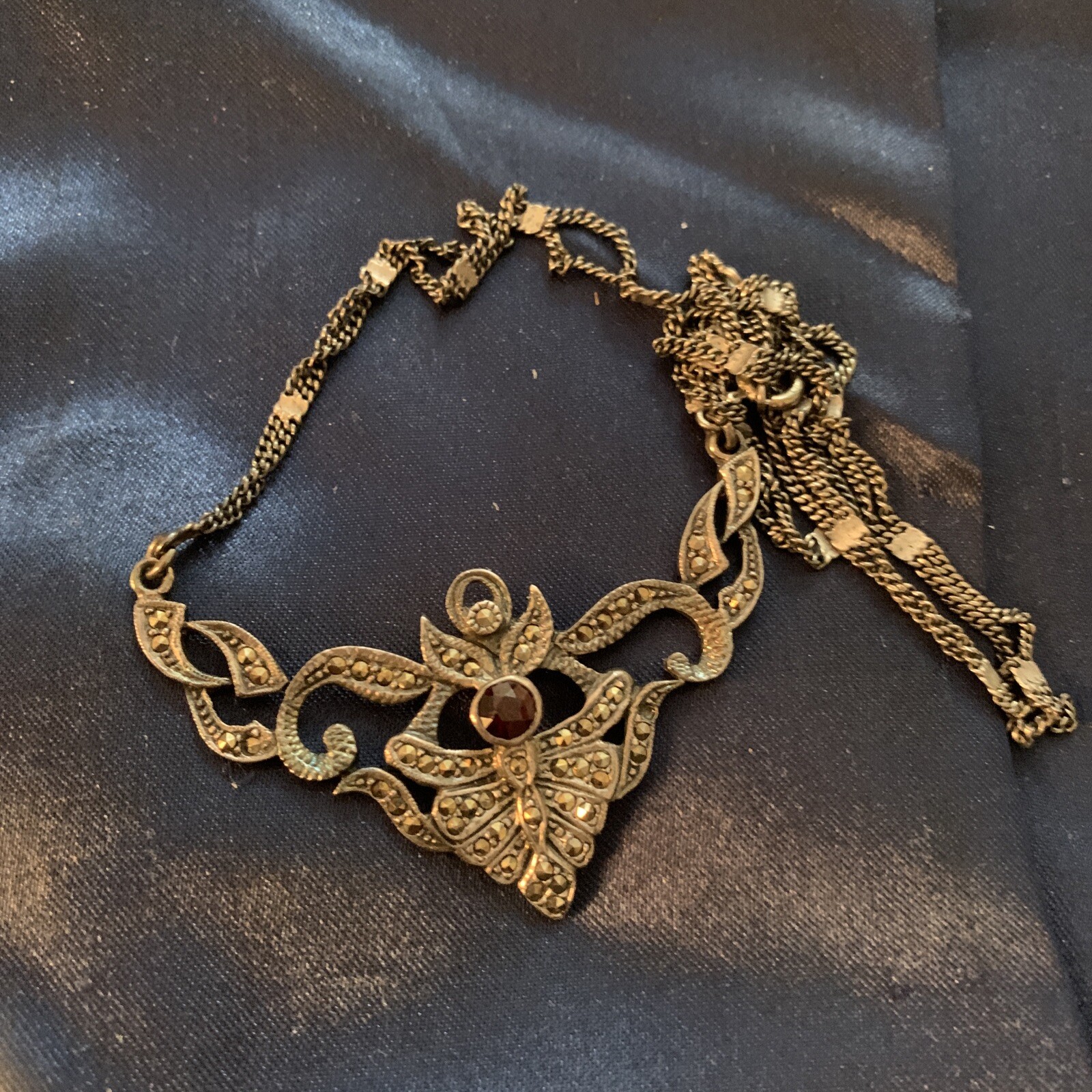 ART DECO 925 STERLING SILVER GARNET MARCASITE FOLIATE DROP LINK SCROLL NECKLACE